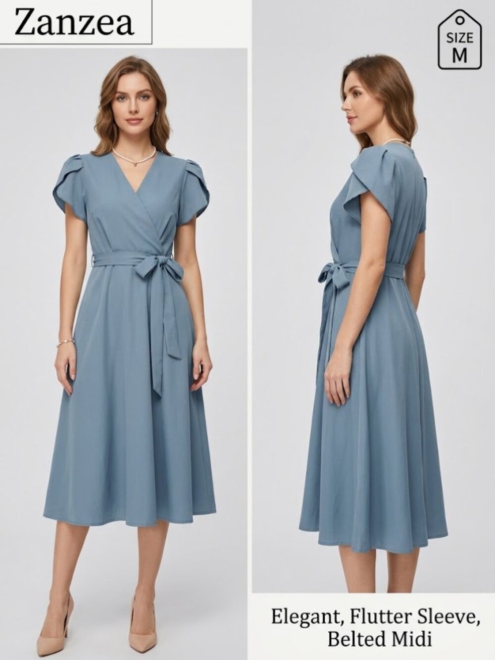 Zanzea Dusty Blue V-Neck Flutter Sleeve Belted Midi Dress Size Medium NEW
